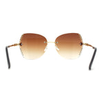 Womens Rimless Oversized Butterfly Rhinestone Bevel Lens Sunglasses