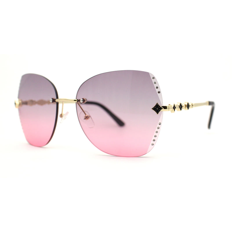 Womens Rimless Oversized Butterfly Rhinestone Bevel Lens Sunglasses