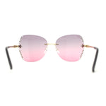 Womens Rimless Oversized Butterfly Rhinestone Bevel Lens Sunglasses