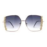 Womens Intricate Rhinestone Jewel Trim Metal Oversized Sunglasses