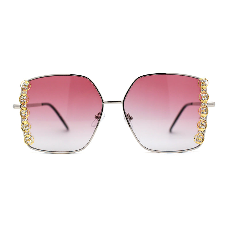 Womens Intricate Rhinestone Jewel Trim Metal Oversized Sunglasses