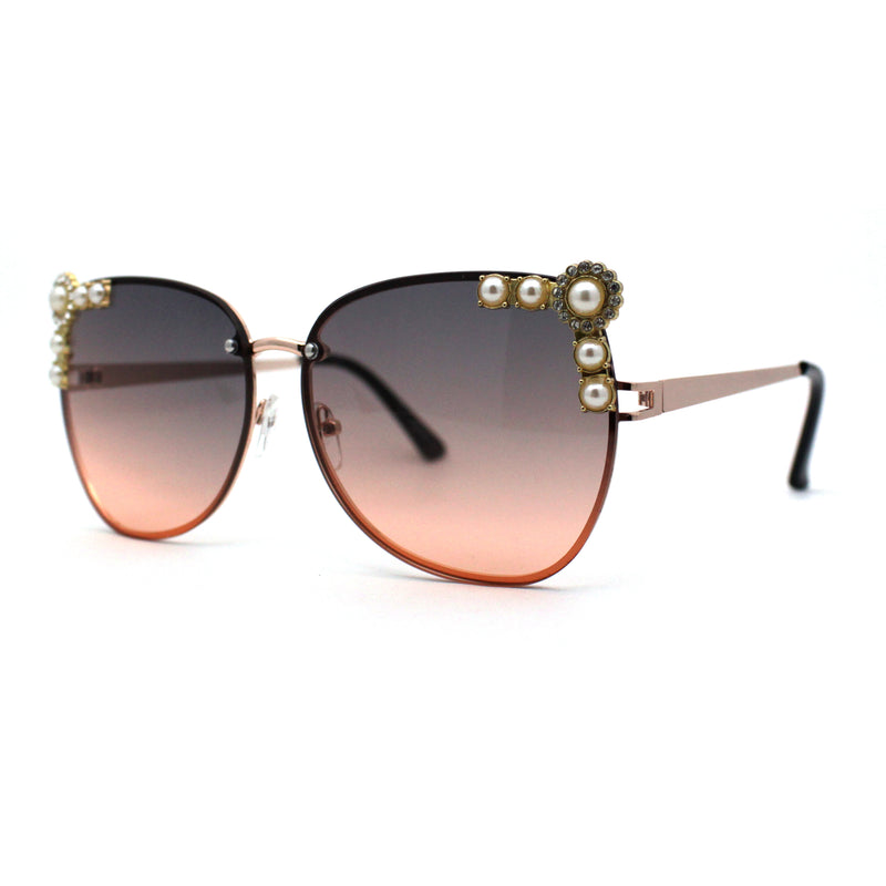 Intricate Metal Jewel Pearl Trim Rimless Metal Rim Butterfly Sunglasses