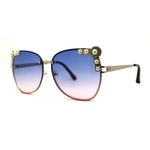 Intricate Metal Jewel Pearl Trim Rimless Metal Rim Butterfly Sunglasses