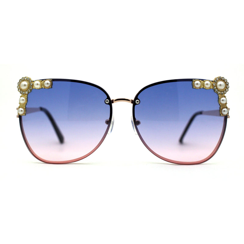 Intricate Metal Jewel Pearl Trim Rimless Metal Rim Butterfly Sunglasses