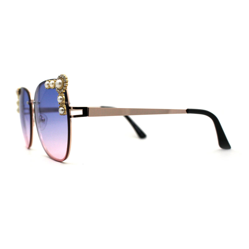 Intricate Metal Jewel Pearl Trim Rimless Metal Rim Butterfly Sunglasses