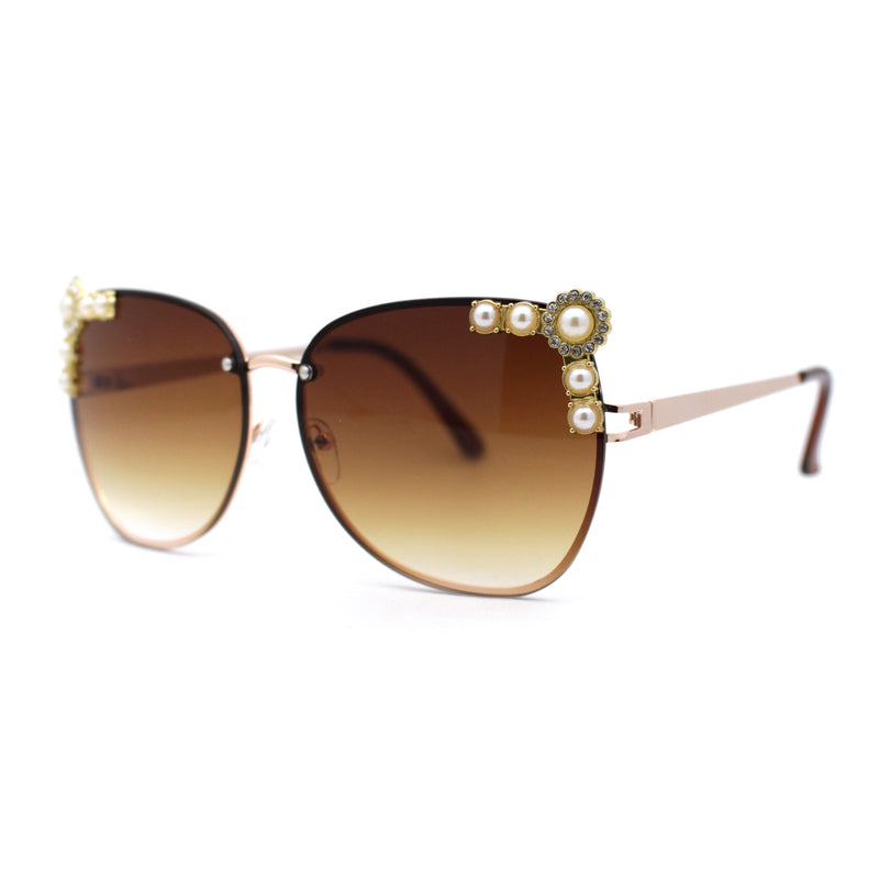 Intricate Metal Jewel Pearl Trim Rimless Metal Rim Butterfly Sunglasses