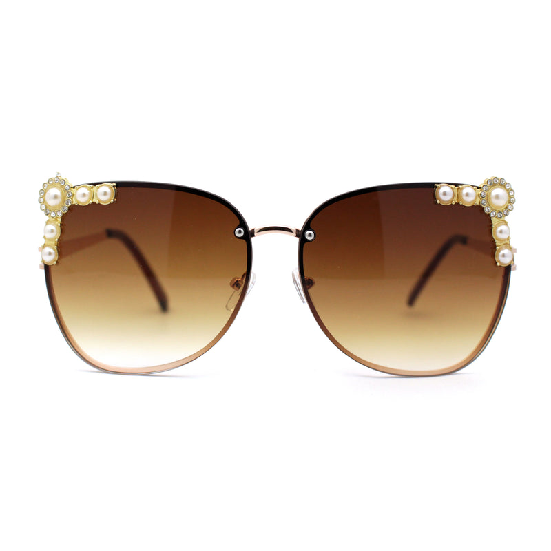 Intricate Metal Jewel Pearl Trim Rimless Metal Rim Butterfly Sunglasses