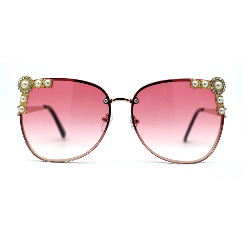 Intricate Metal Jewel Pearl Trim Rimless Metal Rim Butterfly Sunglasses