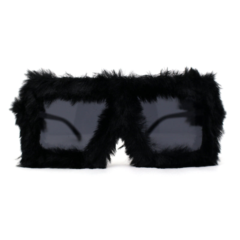 Womens Funky Fur Covered Squared Rectangle Oversize Sunglasses