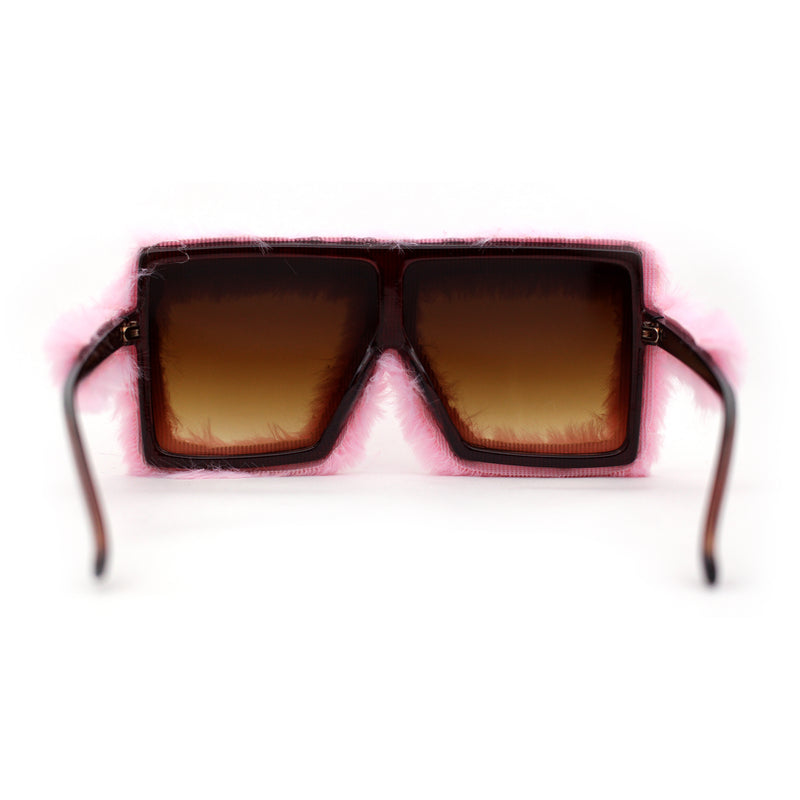 Womens Funky Fur Covered Squared Rectangle Oversize Sunglasses