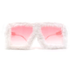 Womens Funky Fur Covered Squared Rectangle Oversize Sunglasses