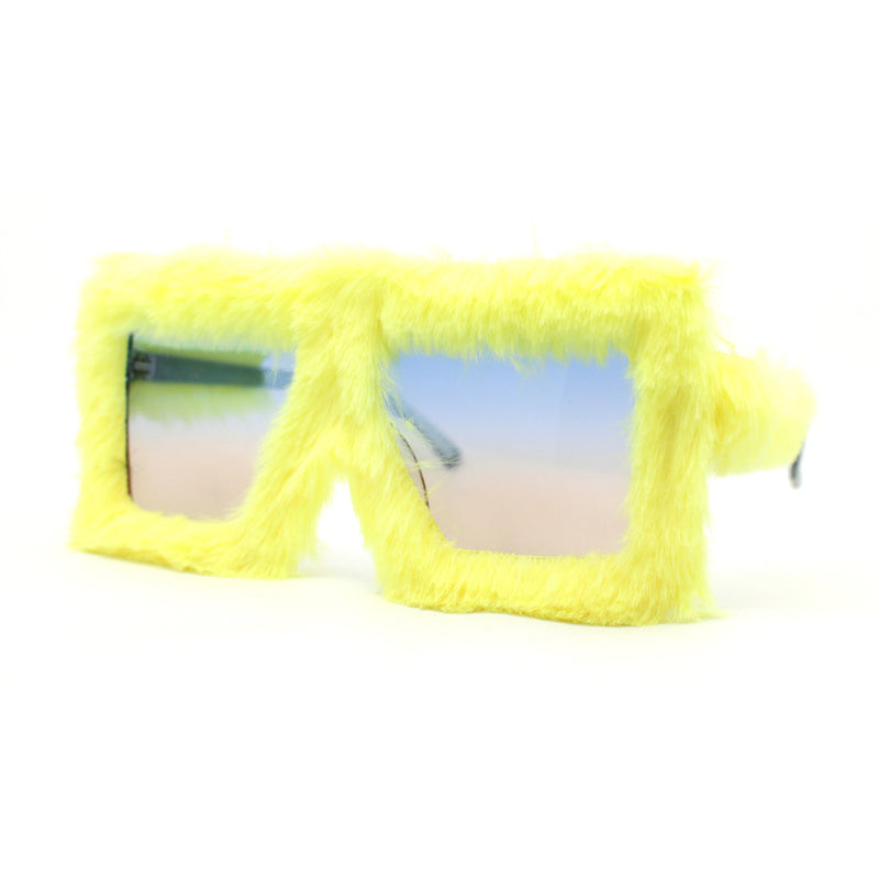 Womens Funky Fur Covered Squared Rectangle Oversize Sunglasses