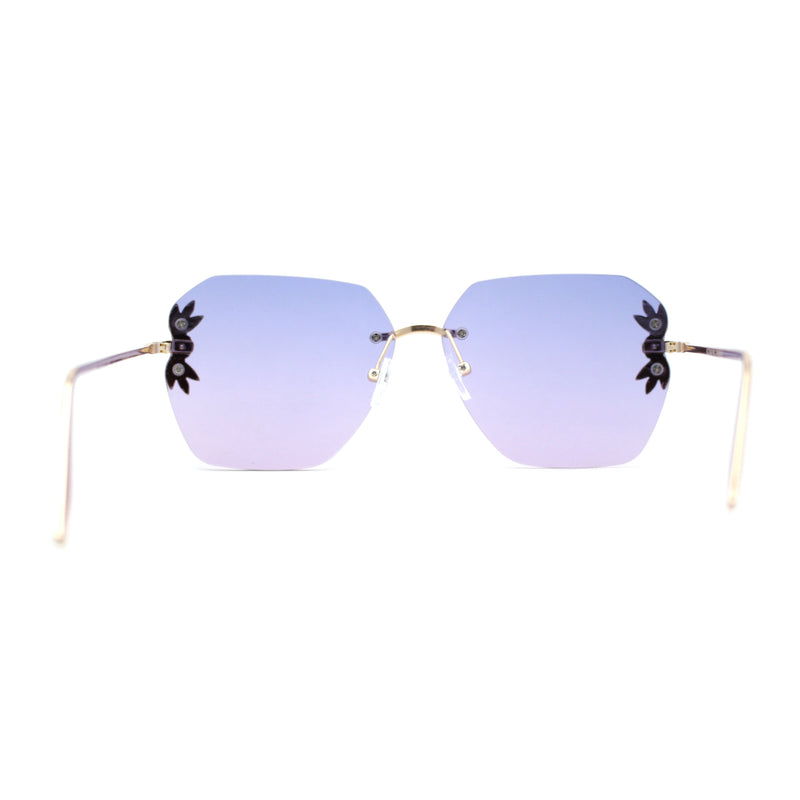 Rimless Foliage Flower Jewel Trim Rectangle Chic Sunglasses