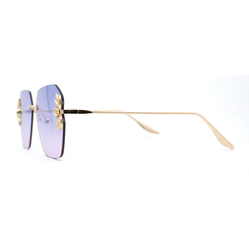 Rimless Foliage Flower Jewel Trim Rectangle Chic Sunglasses