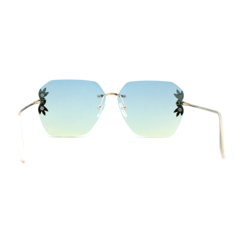 Rimless Foliage Flower Jewel Trim Rectangle Chic Sunglasses