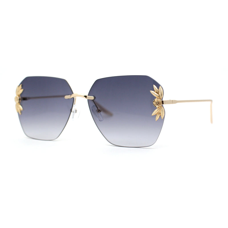 Rimless Foliage Flower Jewel Trim Rectangle Chic Sunglasses