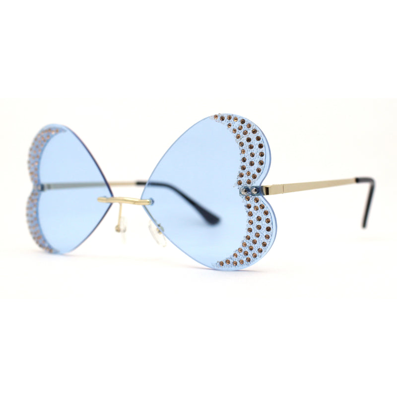 Womens Rimless Sparkling Rhinestone Heart Shape Butterfly Sunglasses