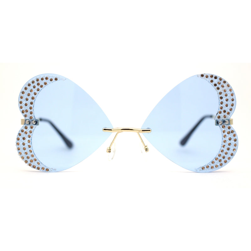 Womens Rimless Sparkling Rhinestone Heart Shape Butterfly Sunglasses