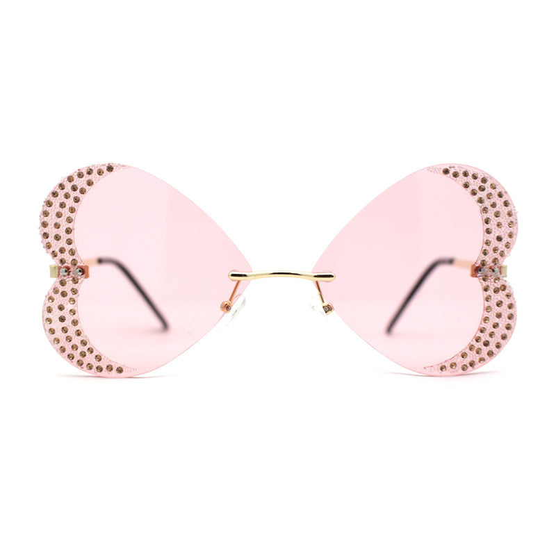 Womens Rimless Sparkling Rhinestone Heart Shape Butterfly Sunglasses