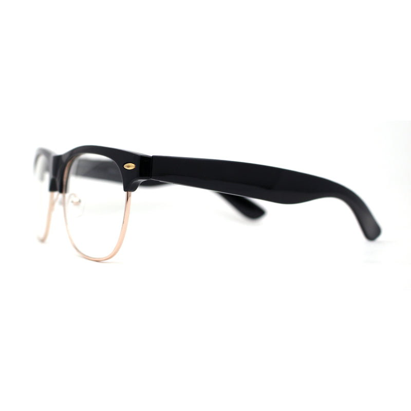 Mens Black Gold Clear Lens Hipster Classic Half Rim Fashion Eyeglasses