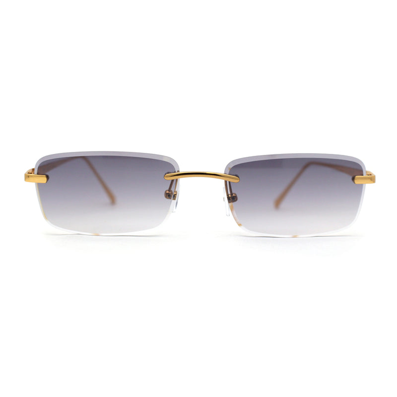 Rimless Narrow Rectangle Luxury Beveled Lens Dad Shade Sunglasses Silver - Blue