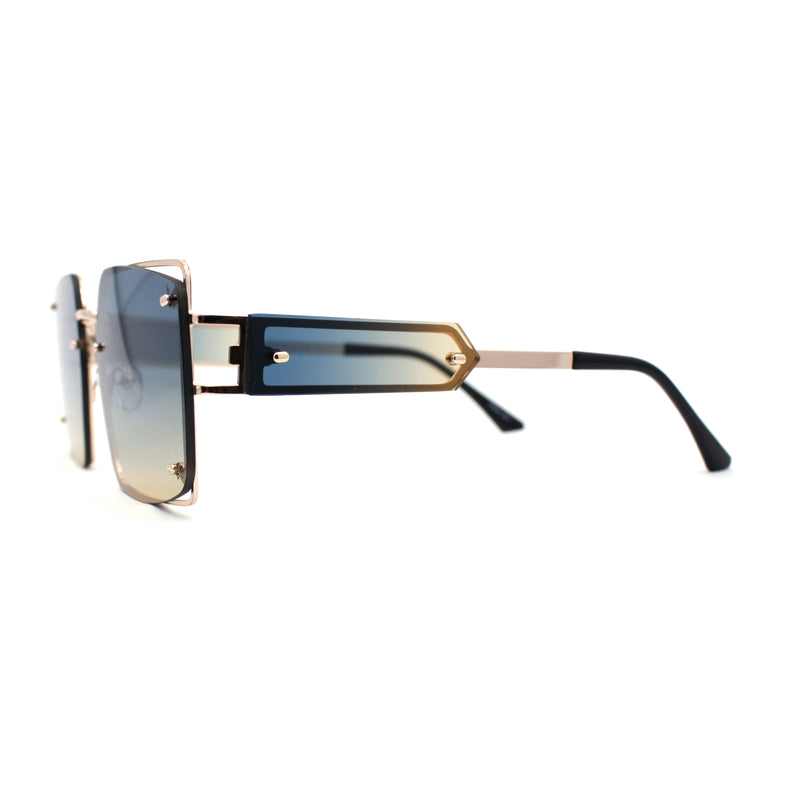 Off Set Rimless Retro Mobster Unique Side Lens Rectangle Sunglasses