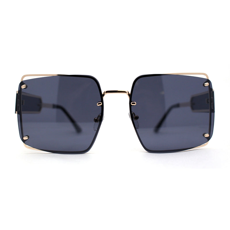 Off Set Rimless Retro Mobster Unique Side Lens Rectangle Sunglasses