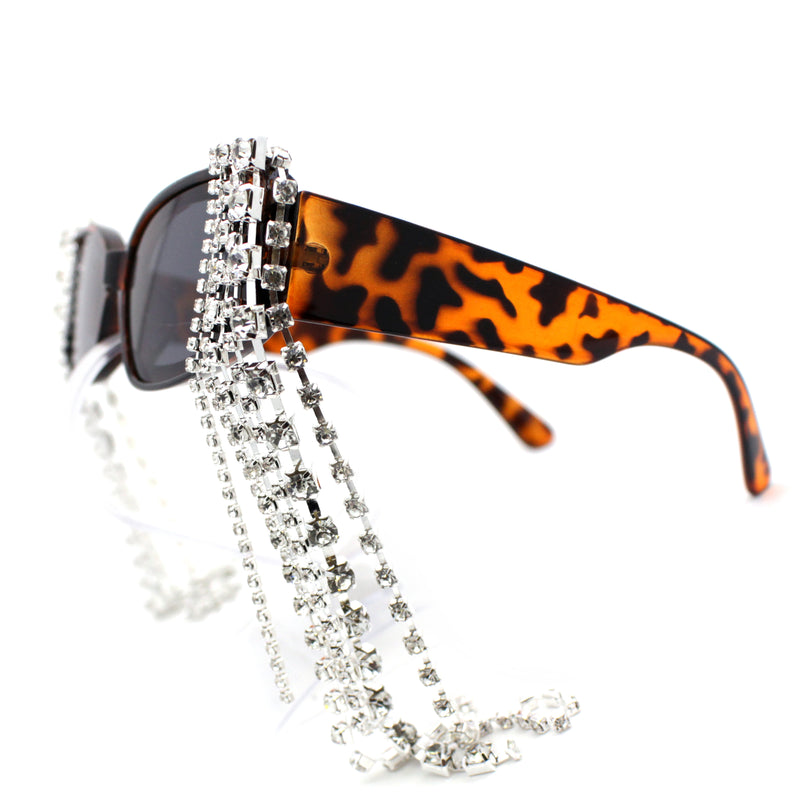 Heavy Dripping Rhinestone Tassel Bling Luxury Rectangle Sunglasses