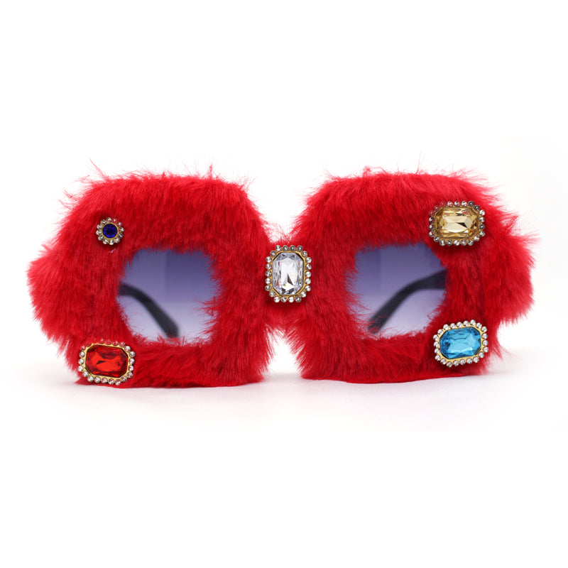 Super Funky Masquerade Fur Jewel Brooch Octagon Plastic Sunglasses