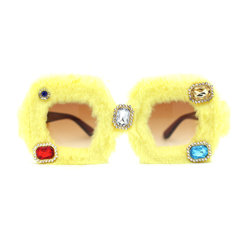 Super Funky Masquerade Fur Jewel Brooch Octagon Plastic Sunglasses