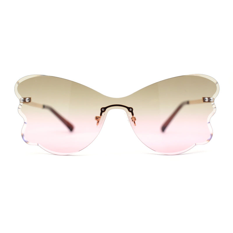 Womens Bubbly Butterfly Beveled Rimless Shield Sunglasses