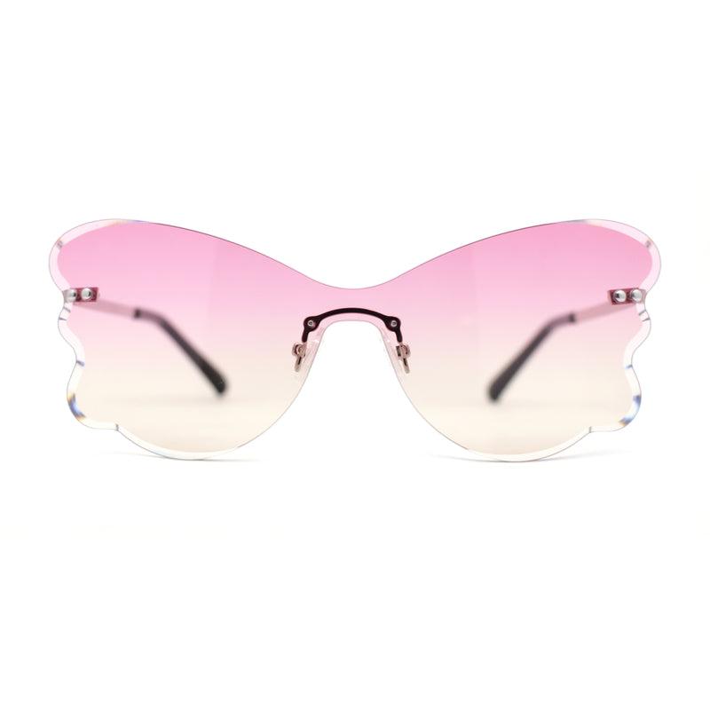 Womens Bubbly Butterfly Beveled Rimless Shield Sunglasses