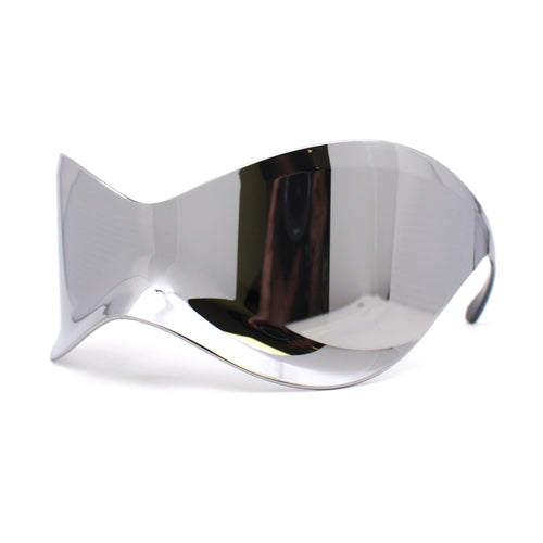 Trendy XXL Oversized Wrap Curved Duck Bill Shield Silver Mirror Sunglasses