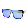 Geometric Large Shield Mirror Lens Bamboo Wood Arm Retro Sunglasses