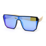 Geometric Large Shield Mirror Lens Bamboo Wood Arm Retro Sunglasses