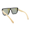 Geometric Large Shield Mirror Lens Bamboo Wood Arm Retro Sunglasses