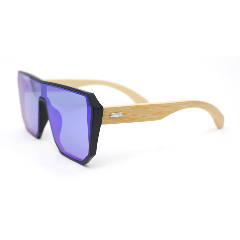 Geometric Large Shield Mirror Lens Bamboo Wood Arm Retro Sunglasses