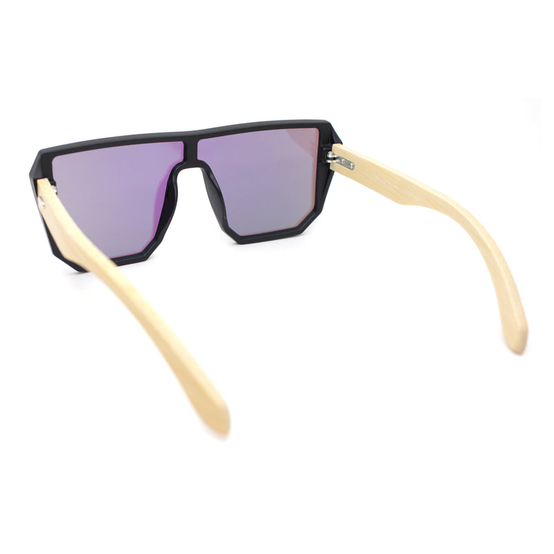 Geometric Large Shield Mirror Lens Bamboo Wood Arm Retro Sunglasses