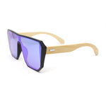 Geometric Large Shield Mirror Lens Bamboo Wood Arm Retro Sunglasses