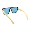Geometric Large Shield Mirror Lens Bamboo Wood Arm Retro Sunglasses