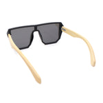 Geometric Large Shield Mirror Lens Bamboo Wood Arm Retro Sunglasses