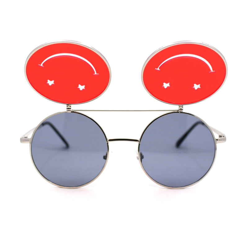 Retro Smiley Face Double Flip Up Round Circle Lens Hippie Sunglasses