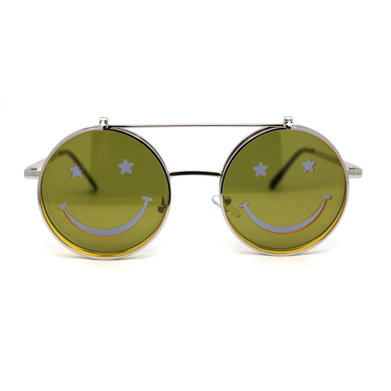 Retro Smiley Face Double Flip Up Round Circle Lens Hippie Sunglasses