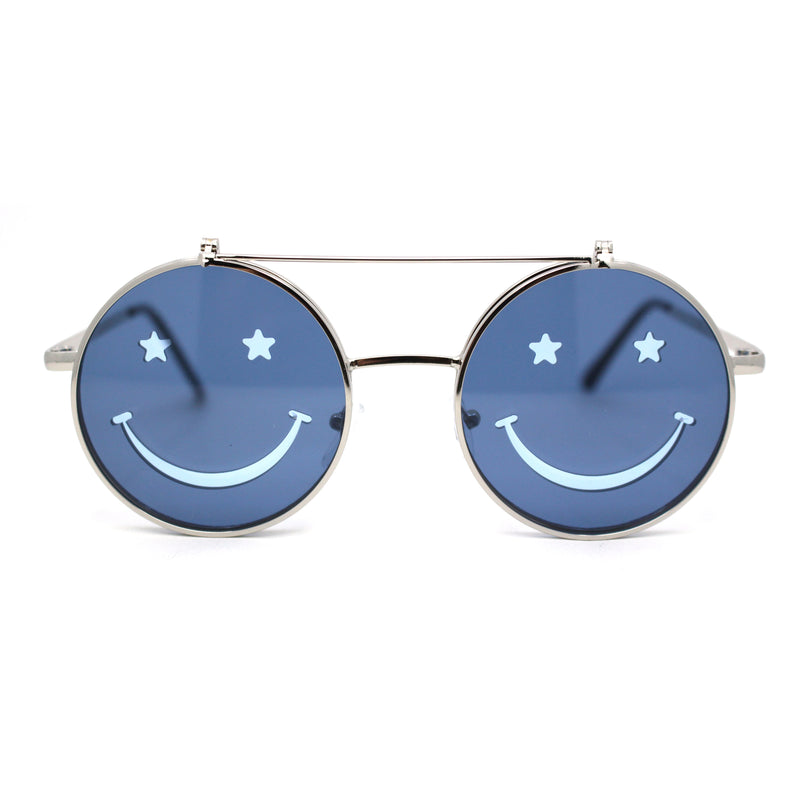 Retro Smiley Face Double Flip Up Round Circle Lens Hippie Sunglasses