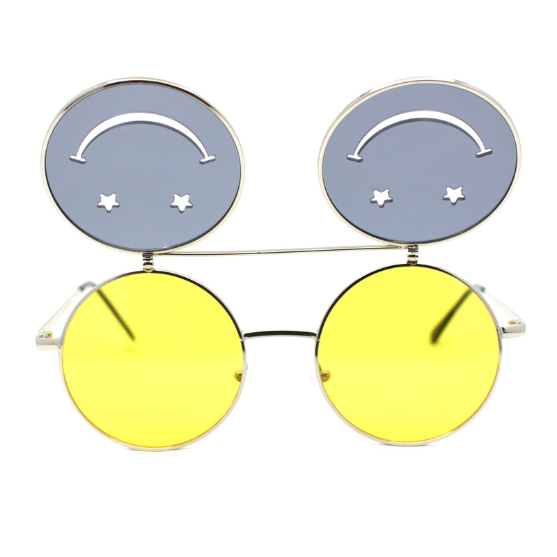 Retro Smiley Face Double Flip Up Round Circle Lens Hippie Sunglasses