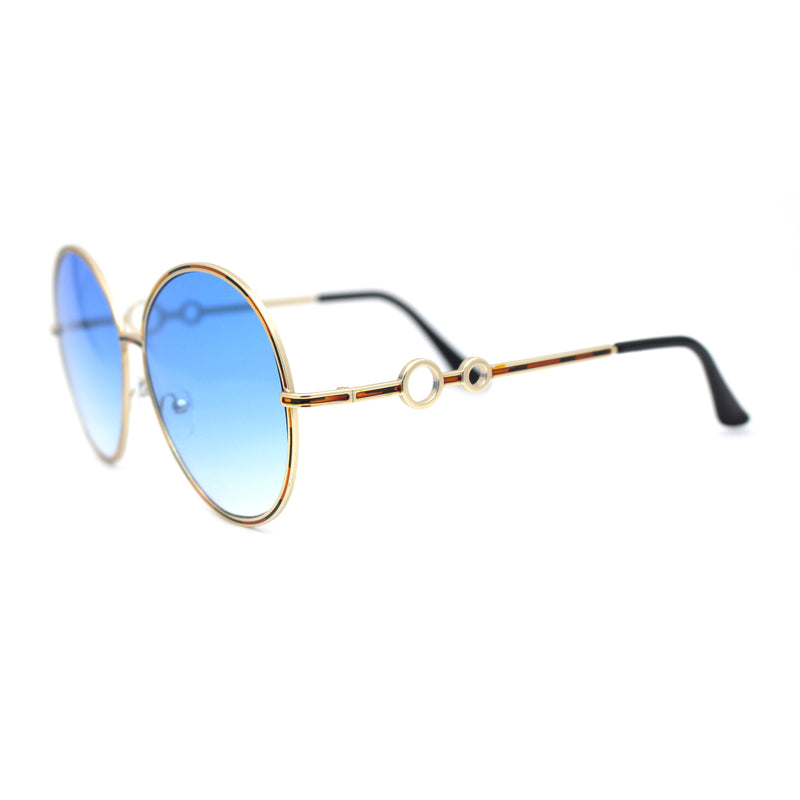 Womens Oversize Round Inlay Tortoise Metal Rim Fashion Sunglasses