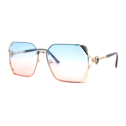 Womens Ribbon Jewel Designer Style Rimless Oversize Rectangle Sunglasses