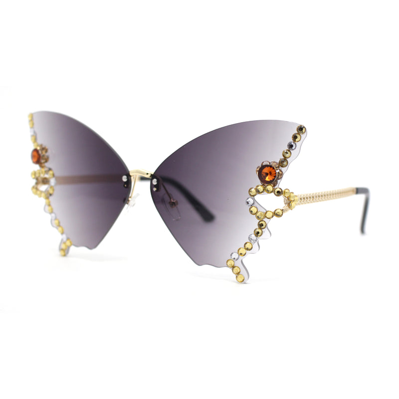 Sparkling Rhinestone Jewel Trim Butterfly Shape Rimless Sunglasses