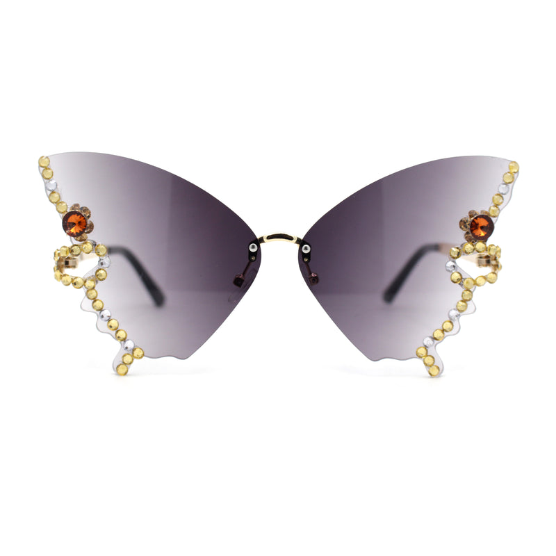 Sparkling Rhinestone Jewel Trim Butterfly Shape Rimless Sunglasses