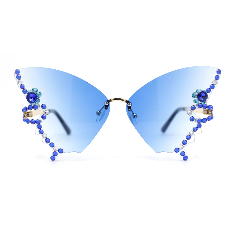 Sparkling Rhinestone Jewel Trim Butterfly Shape Rimless Sunglasses